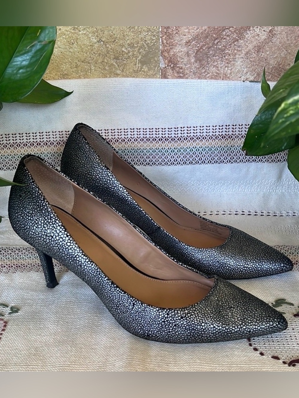Calvin Klein Women’s Gayle Pebble Metallic Grey Pointy Toe Slip-On Pump Heels
